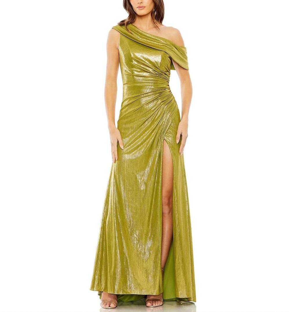 Mac Duggal 27152 Green Evening Gown Metallic One Shoulder A-Line Dress Size 4